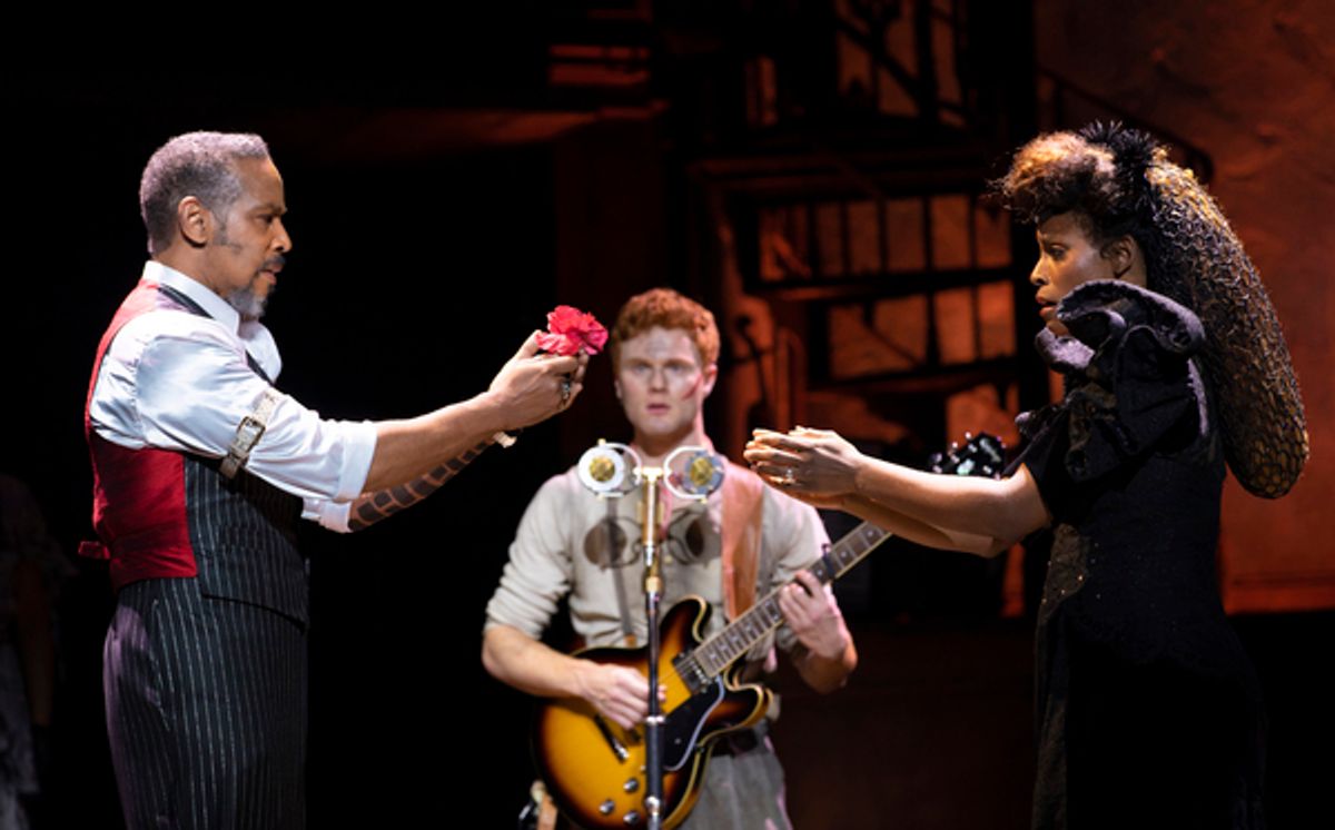 Kevyn Morrow, Nicholas Barasch, and Kimberly Marable in the Hadestown North American Tour at 