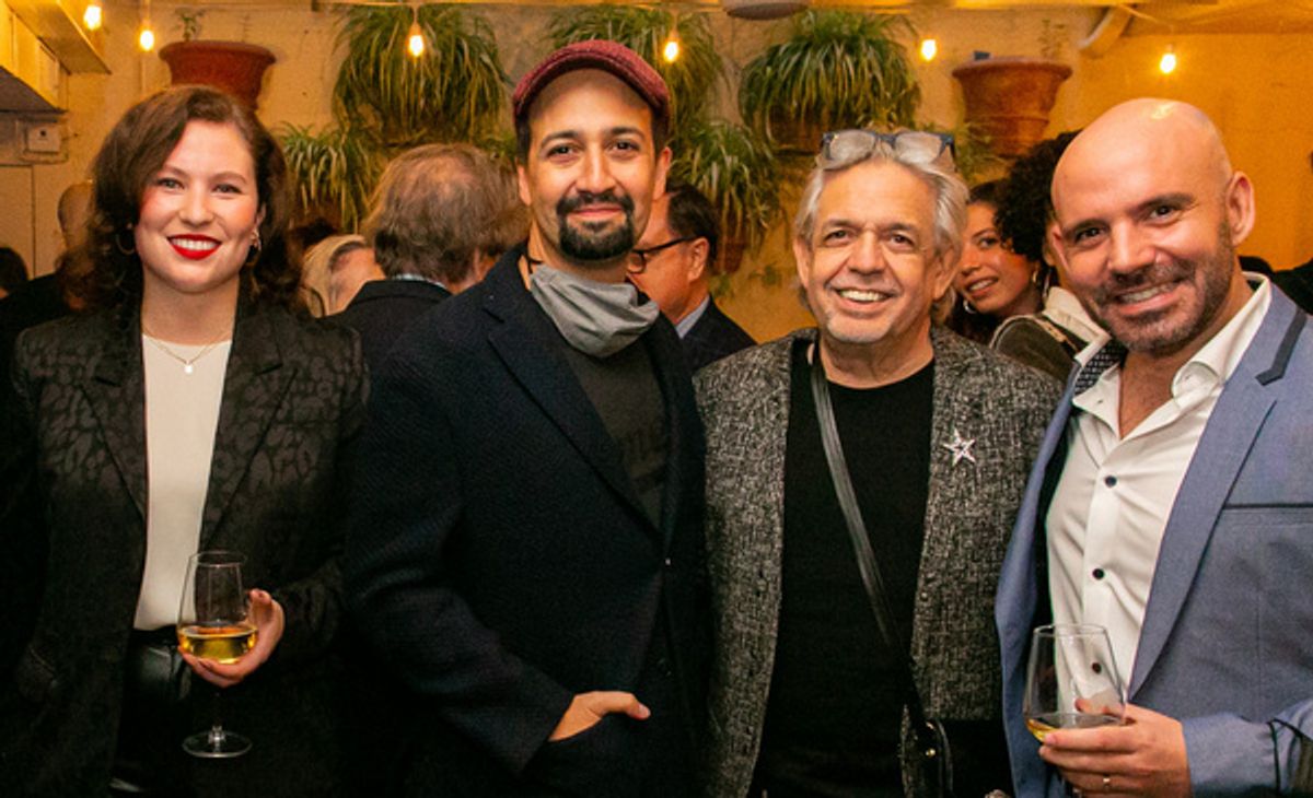Photo 1: Lucille Oken (Community Relations Manager, Bank of America), Lin-Manuel Miranda, Luis Miranda, and Rafael S nchez (Executive Artistic Director, Repertorio Espa ol).      at 