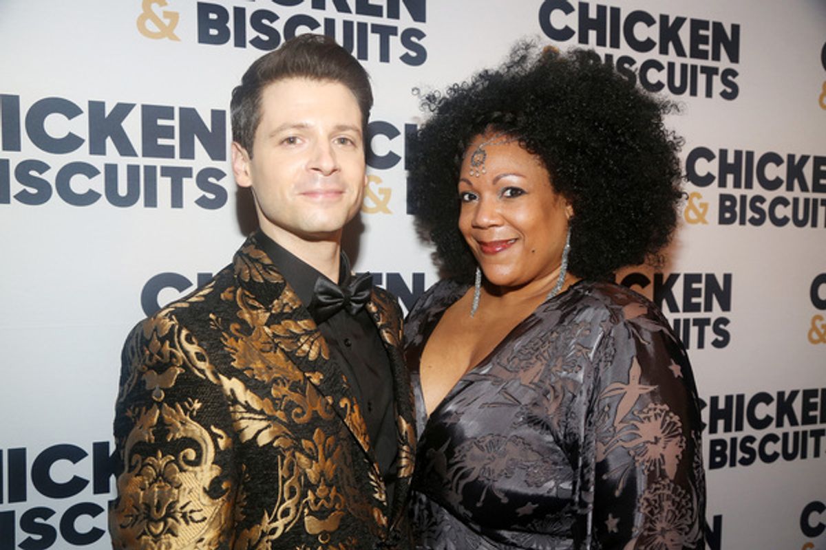 NEW YORK, NEW YORK - OCTOBER 10:  Miles G Jackson and Jennifer Fouche pose at the opening night party for the new play 'Chicken & Biscuits' on Broadway at Elsie Rooftop on October 10, 2021 in New York City. (Photo by Bruce Glikas/WireImage) at 