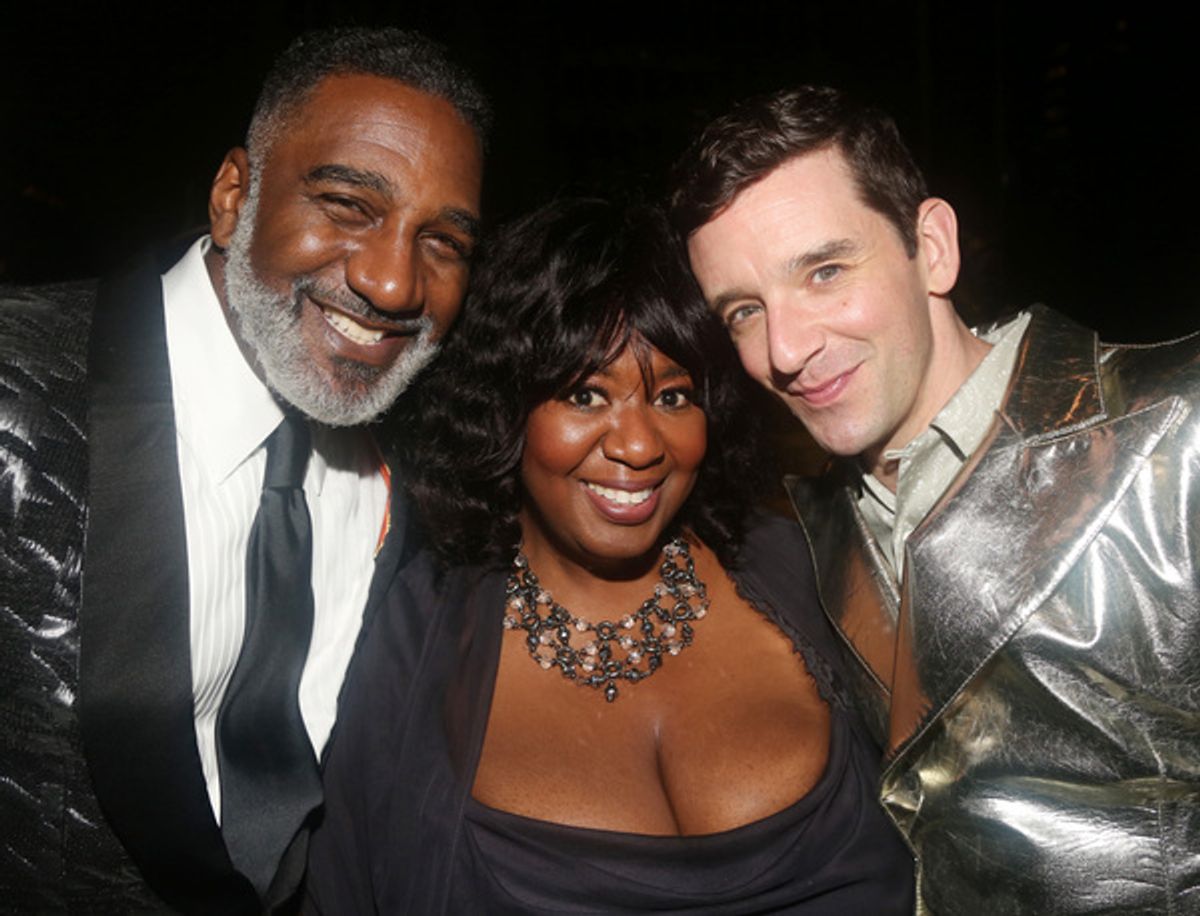 NEW YORK, NEW YORK - OCTOBER 10: (L-R) Norm Lewis, NaTasha Yvette Williams and Michael Urie pose at the opening night party for the new play 'Chicken & Biscuits' on Broadway at Elsie Rooftop on October 10, 2021 in New York City. (Photo by Bruce Glikas/WireImage) at 