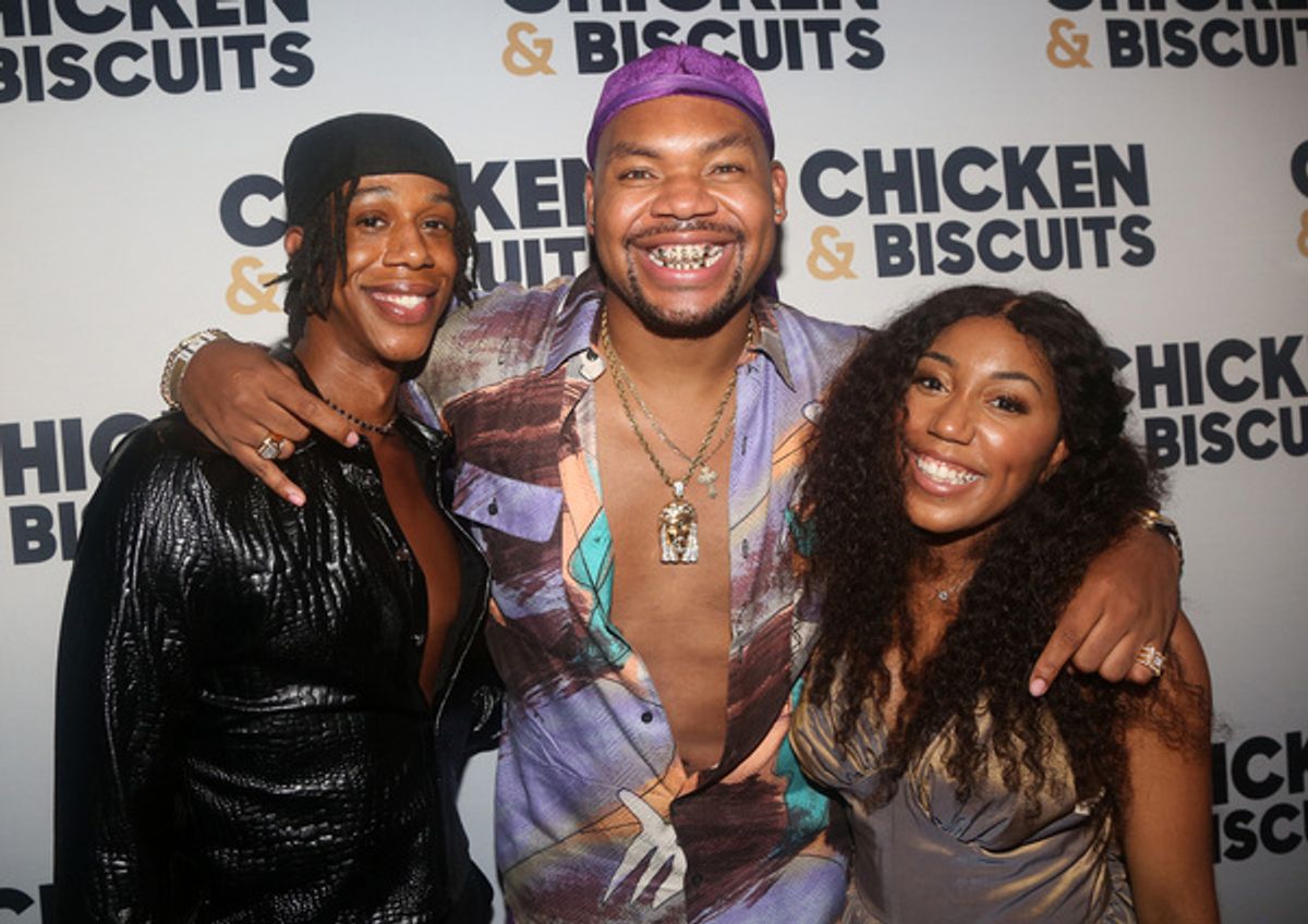 NEW YORK, NEW YORK - OCTOBER 10: (L-R) Dean Acree, Devere Rogers and Camille Upshaw pose at the opening night party for the new play 'Chicken & Biscuits' on Broadway at Elsie Rooftop on October 10, 2021 in New York City. (Photo by Bruce Glikas/WireImage) at 