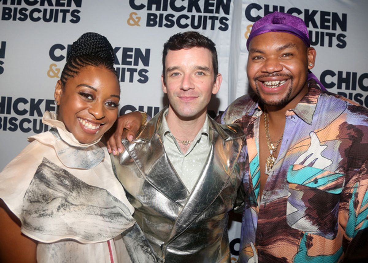 NEW YORK, NEW YORK - OCTOBER 10: (L-R) Ebony Marshall-Oliver, Michael Urie and Devere Rogers pose at the opening night party for the new play 'Chicken & Biscuits' on Broadway at Elsie Rooftop on October 10, 2021 in New York City. (Photo by Bruce Glikas/WireImage) at 