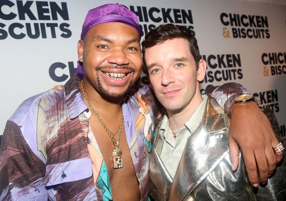 NEW YORK, NEW YORK - OCTOBER 10: Devere Rogers and Michael Urie pose at the opening night party for the new play 'Chicken & Biscuits' on Broadway at Elsie Rooftop on October 10, 2021 in New York City. (Photo by Bruce Glikas/WireImage) at 