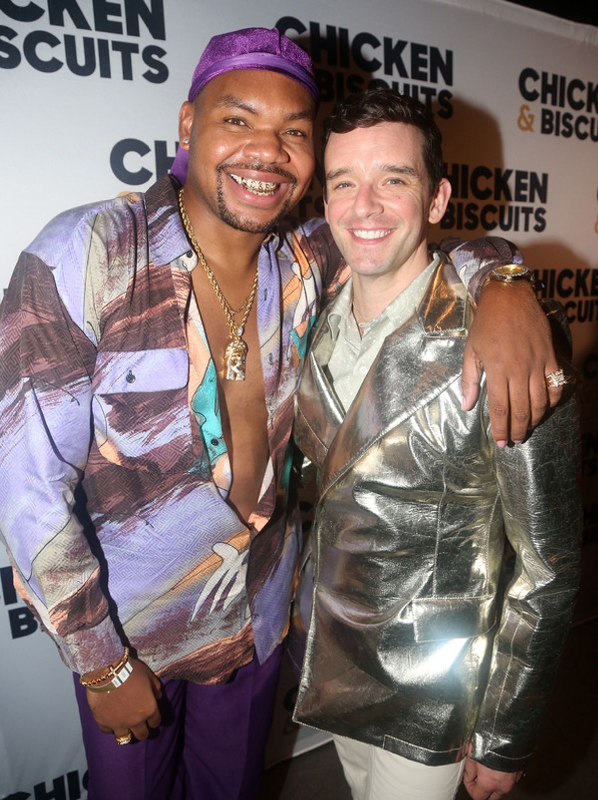 NEW YORK, NEW YORK - OCTOBER 10: Devere Rogers and Michael Urie pose at the opening night party for the new play 'Chicken & Biscuits' on Broadway at Elsie Rooftop on October 10, 2021 in New York City. (Photo by Bruce Glikas/WireImage) at 
