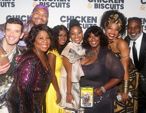NEW YORK, NEW YORK - OCTOBER 10: (L-R) Michael Urie, Cleo King, Devere Rogers, Alana Raquel Bowers, Ebony Marshall-Oliver, Aigner Mizzelle, NaTasha Yvette Williams and Norm Lewis pose at the opening night party for the new play "Chicken & Biscuits" on Broadway at Elsie Rooftop on October 10, 2021 in New York City. (Photo by Bruce Glikas/WireImage) @ BroadwayWorld NEW YORK, NEW YORK - OCTOBER 10: (L-R) Michael Urie, Cleo King, Devere Rogers, Alana Photo