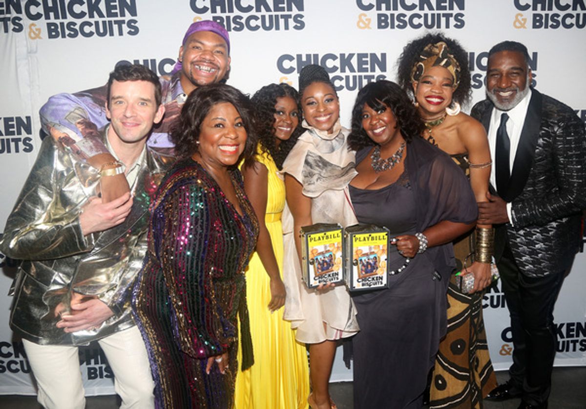 NEW YORK, NEW YORK - OCTOBER 10: (L-R) Michael Urie, Cleo King, Devere Rogers, Alana Raquel Bowers, Ebony Marshall-Oliver, Aigner Mizzelle, NaTasha Yvette Williams and Norm Lewis pose at the opening night party for the new play 'Chicken & Biscuits' on Broadway at Elsie Rooftop on October 10, 2021 in New York City. (Photo by Bruce Glikas/WireImage) at 