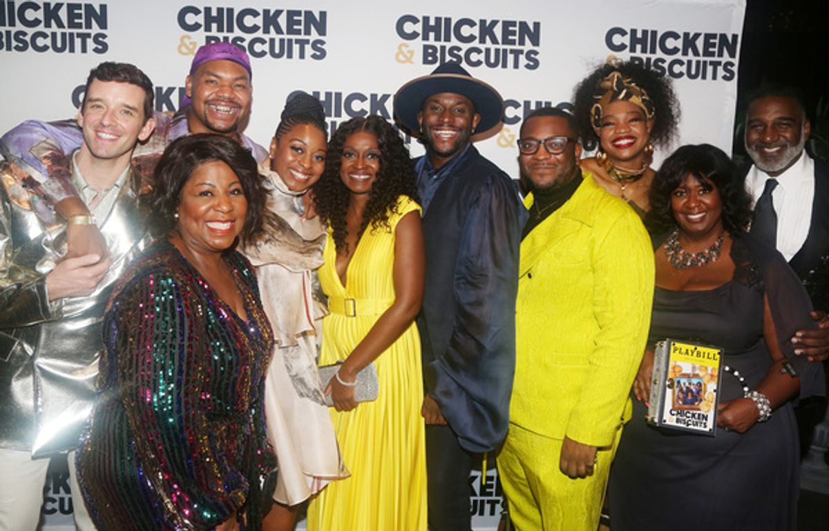 NEW YORK, NEW YORK - OCTOBER 10: (L-R) Michael Urie, Cleo King, Devere Rogers, Alana Raquel Bowers, Ebony Marshall-Oliver, Playwright Douglas Lyons, Director Zhailon Levingston, Aigner Mizzelle, NaTasha Yvette Williams and Norm Lewis pose at the opening night party for the new play 'Chicken & Biscuits' on Broadway at Elsie Rooftop on October 10, 2021 in New York City. (Photo by Bruce Glikas/WireImage) at 
