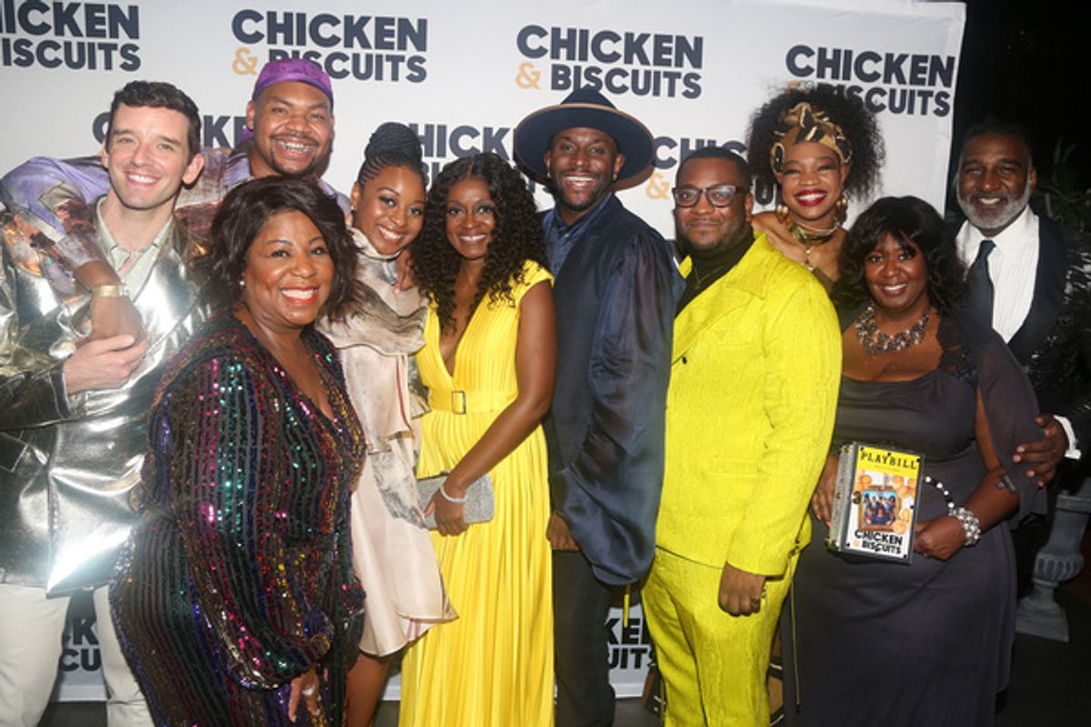 NEW YORK, NEW YORK - OCTOBER 10: (L-R) Michael Urie, Cleo King, Devere Rogers, Alana Raquel Bowers, Ebony Marshall-Oliver, Playwright Douglas Lyons, Director Zhailon Levingston, Aigner Mizzelle, NaTasha Yvette Williams and Norm Lewis pose at the opening night party for the new play 'Chicken & Biscuits' on Broadway at Elsie Rooftop on October 10, 2021 in New York City. (Photo by Bruce Glikas/WireImage) at 