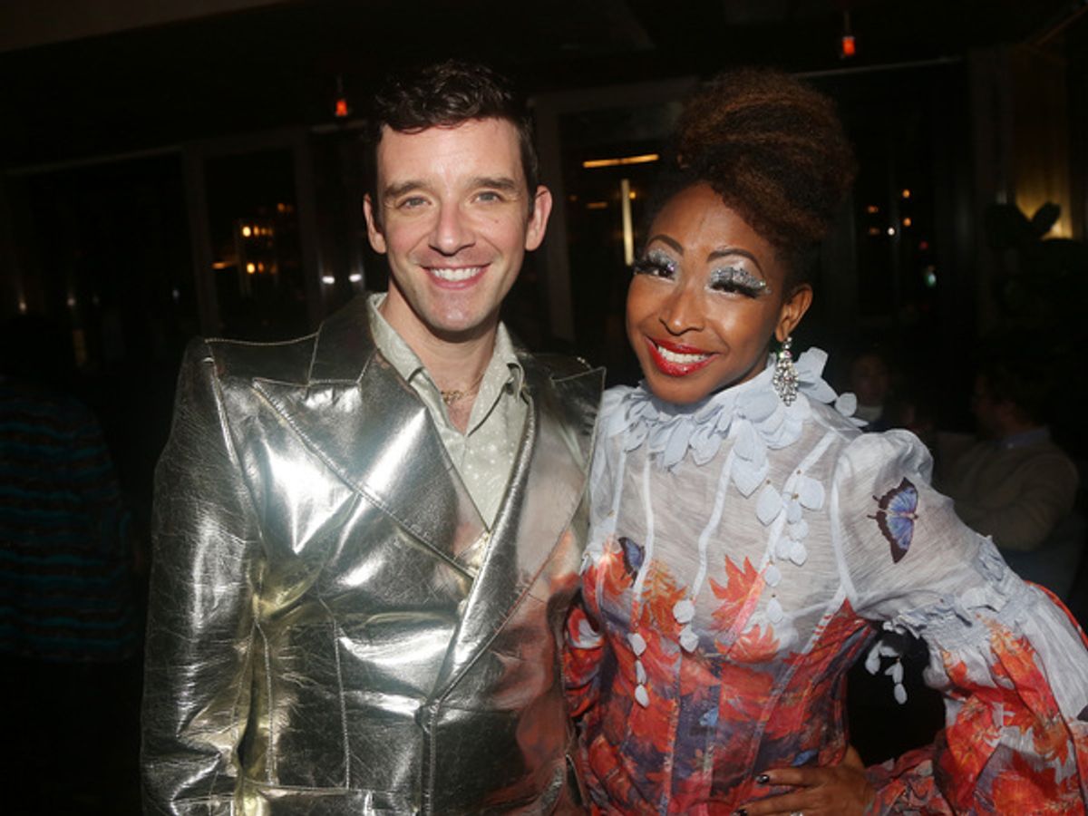 NEW YORK, NEW YORK - OCTOBER 10:  Michael Urie and N'kenge pose at the opening night party for the new play 'Chicken & Biscuits' on Broadway at Elsie Rooftop on October 10, 2021 in New York City. (Photo by Bruce Glikas/WireImage) at 