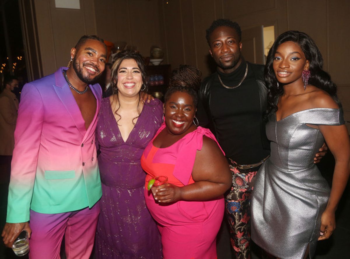 NEW YORK, NEW YORK - OCTOBER 10: (L-R) Cody Renard Richard,Paula Ayila, Denise Manning, Nick Burroughs and Leandra Gaston pose at the opening night party for the new play 'Chicken & Biscuits' on Broadway at Elsie Rooftop on October 10, 2021 in New York City. (Photo by Bruce Glikas/WireImage) at 