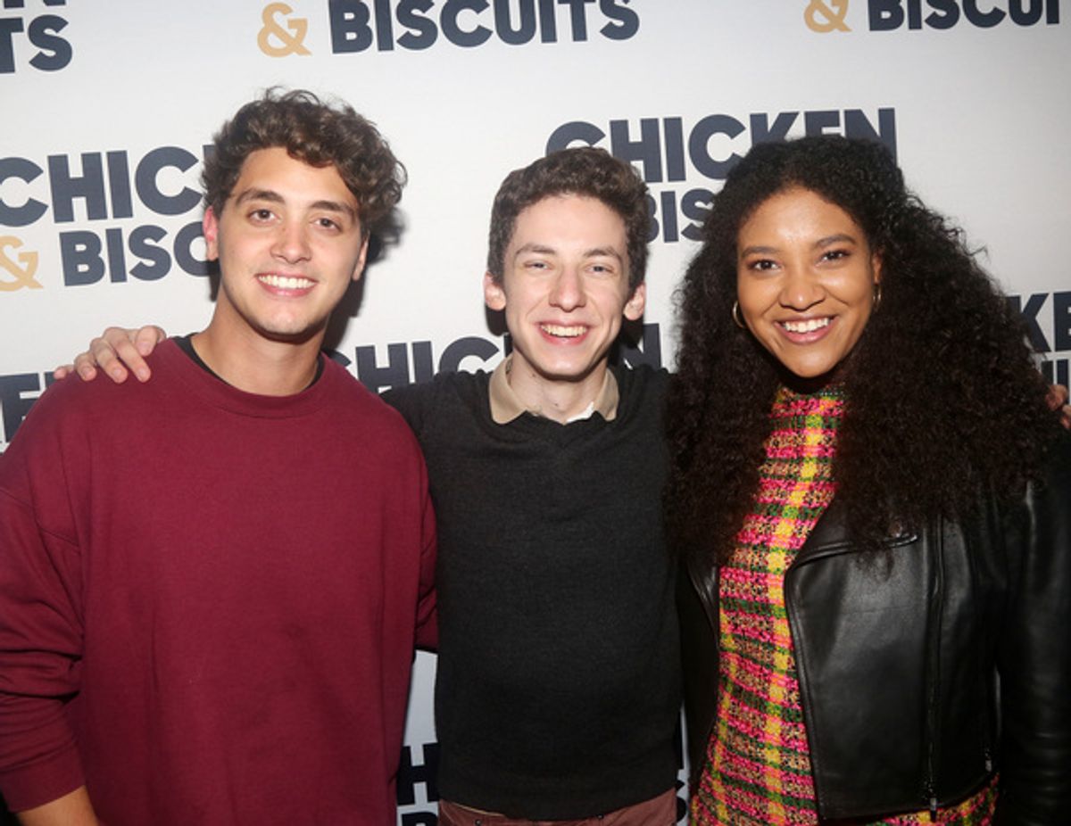 NEW YORK, NEW YORK - OCTOBER 10: (L-R) Antonio Cipriano,Andrew Barth Feldman and Shereen Pimentel pose at the opening night party for the new play 'Chicken & Biscuits' on Broadway at Elsie Rooftop on October 10, 2021 in New York City. (Photo by Bruce Glikas/WireImage) at 