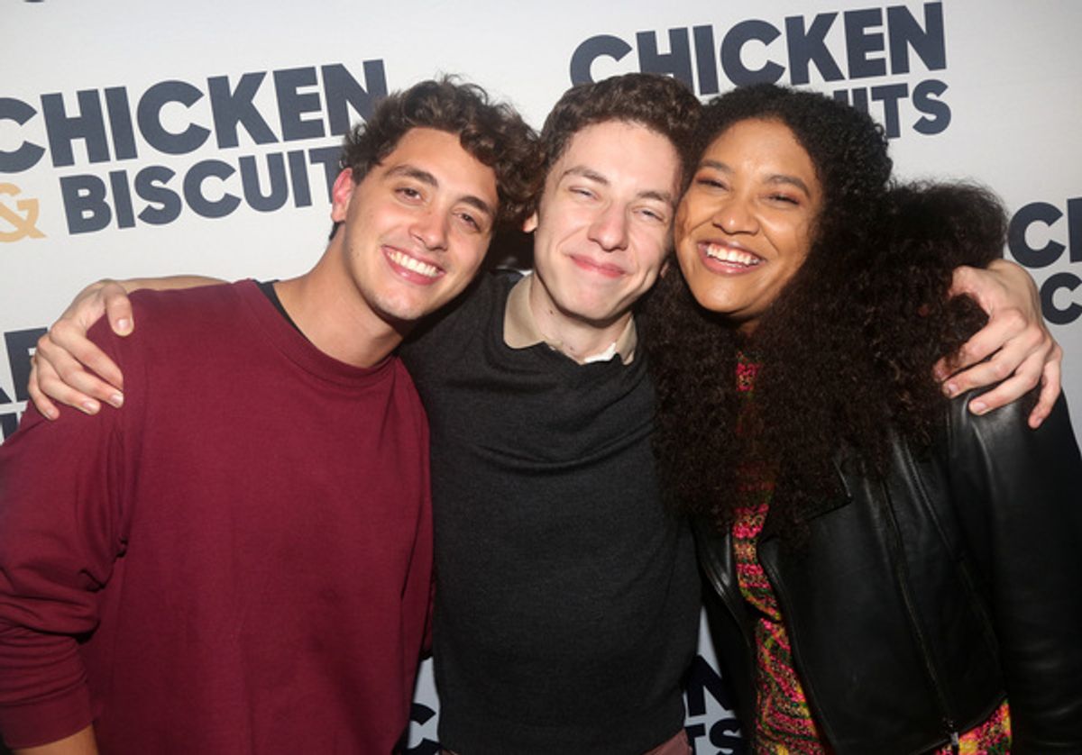 NEW YORK, NEW YORK - OCTOBER 10: (L-R) Antonio Cipriano,Andrew Barth Feldman and Shereen Pimentel pose at the opening night party for the new play 'Chicken & Biscuits' on Broadway at Elsie Rooftop on October 10, 2021 in New York City. (Photo by Bruce Glikas/WireImage) at 