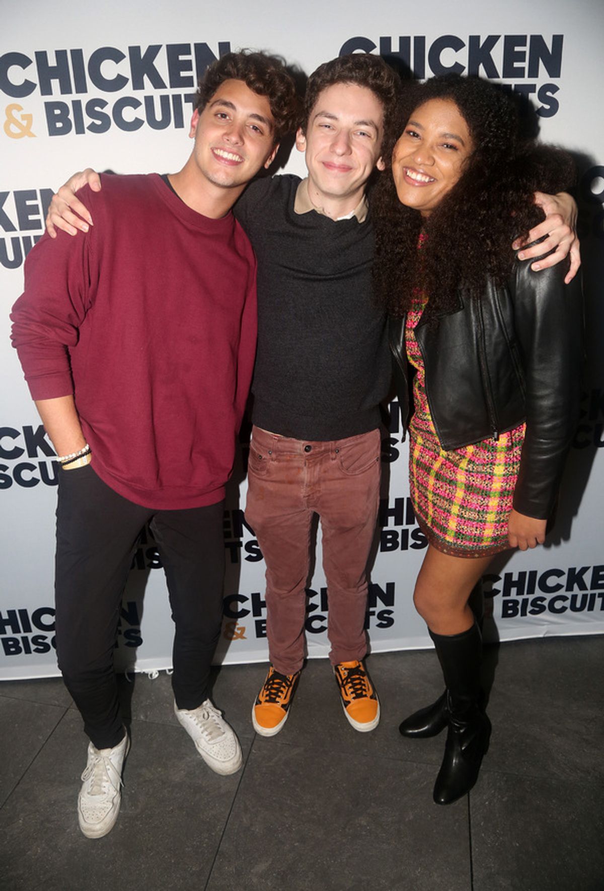 NEW YORK, NEW YORK - OCTOBER 10: (L-R) Antonio Cipriano,Andrew Barth Feldman and Shereen Pimentel pose at the opening night party for the new play 'Chicken & Biscuits' on Broadway at Elsie Rooftop on October 10, 2021 in New York City. (Photo by Bruce Glikas/WireImage) at 