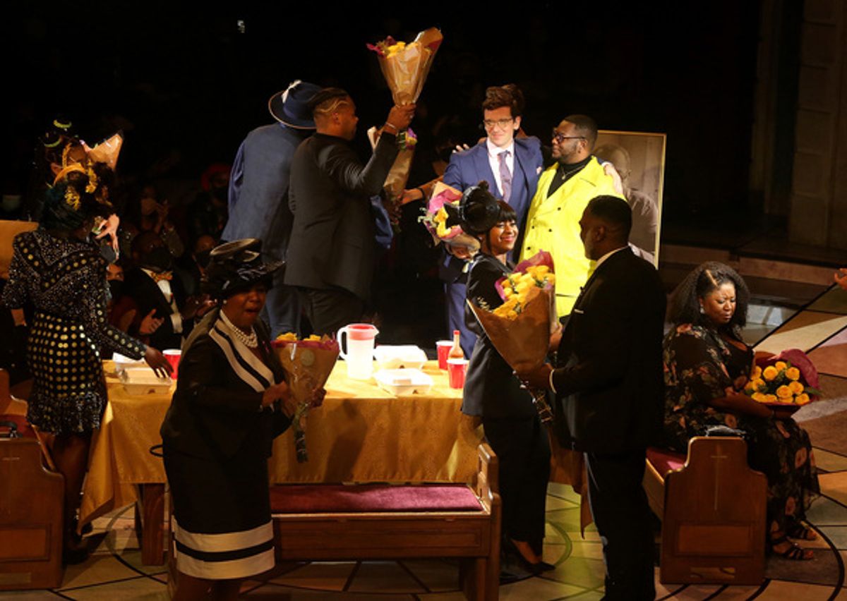 NEW YORK, NEW YORK - OCTOBER 10:  The cast, Director Zhailon Levingston and Playwright Douglas Lyons  at 