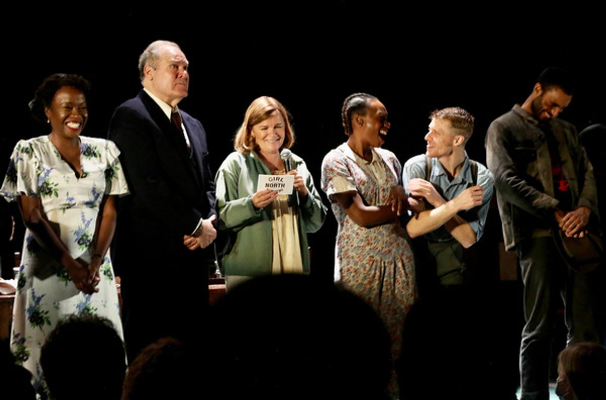 NEW YORK, NEW YORK - OCTOBER 13: (L-R) Jeannette Bayardelle, Jay O. Sanders, Mare Winningham, Kimber Elayne Sprawl, Colin Bates and Austin Scott  at 