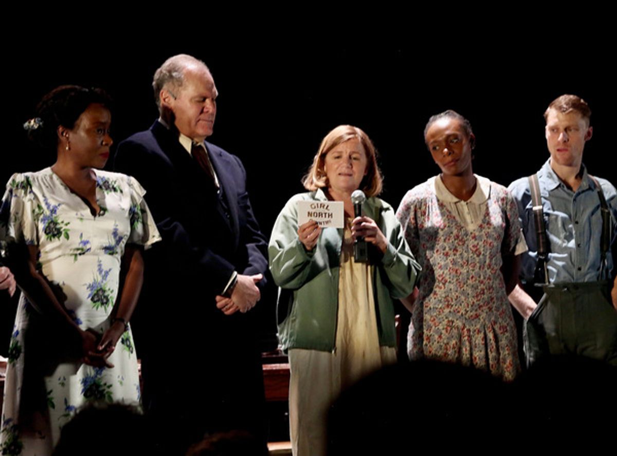 EW YORK, NEW YORK - OCTOBER 13: (L-R) Tom Nelis, Jeannette Bayardelle, Jay O. Sanders, Mare Winningham, Kimber Elayne Sprawl and Colin Bates  at 