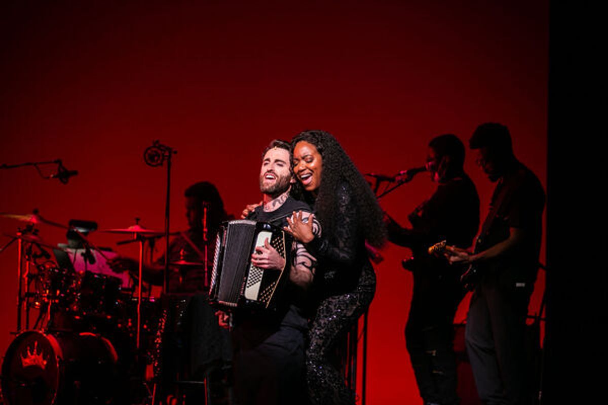 Charlie Thurston (Man) is urged to “Reach For It” by Whitney White (Woman), with band members Jordan Carter (Music Contractor/Drums), Bobhartley “Boushe” Etienne (Bass), and Chris Hanford II (Guitar) in Macbeth In Stride at 