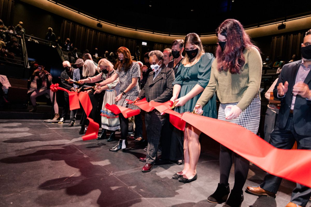 Eric Simonson, Terry Kinney and Tarell Alvin McCraney next to Helen Zell, Anna D. Shapiro, Liz Lefkofsky, Namir Smallwood, Eric Lefkofsky, Mayor Lori E. Lightfoot, First Lady Amy Eshleman, Kristen Das and Joelle Reiter at 