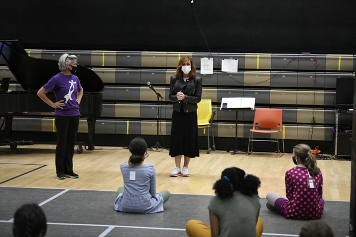 ANNIE LIVE! -- 'Dance Rehearsal' -- Pictured: (l-r) Andrea McArdle visits with 'young Annies' at the National Dance Institute at the Center for Learning & the Arts in New York City on Saturday November 13, 2021 -- (Photo by: Bryan Bedder/NBC) at 