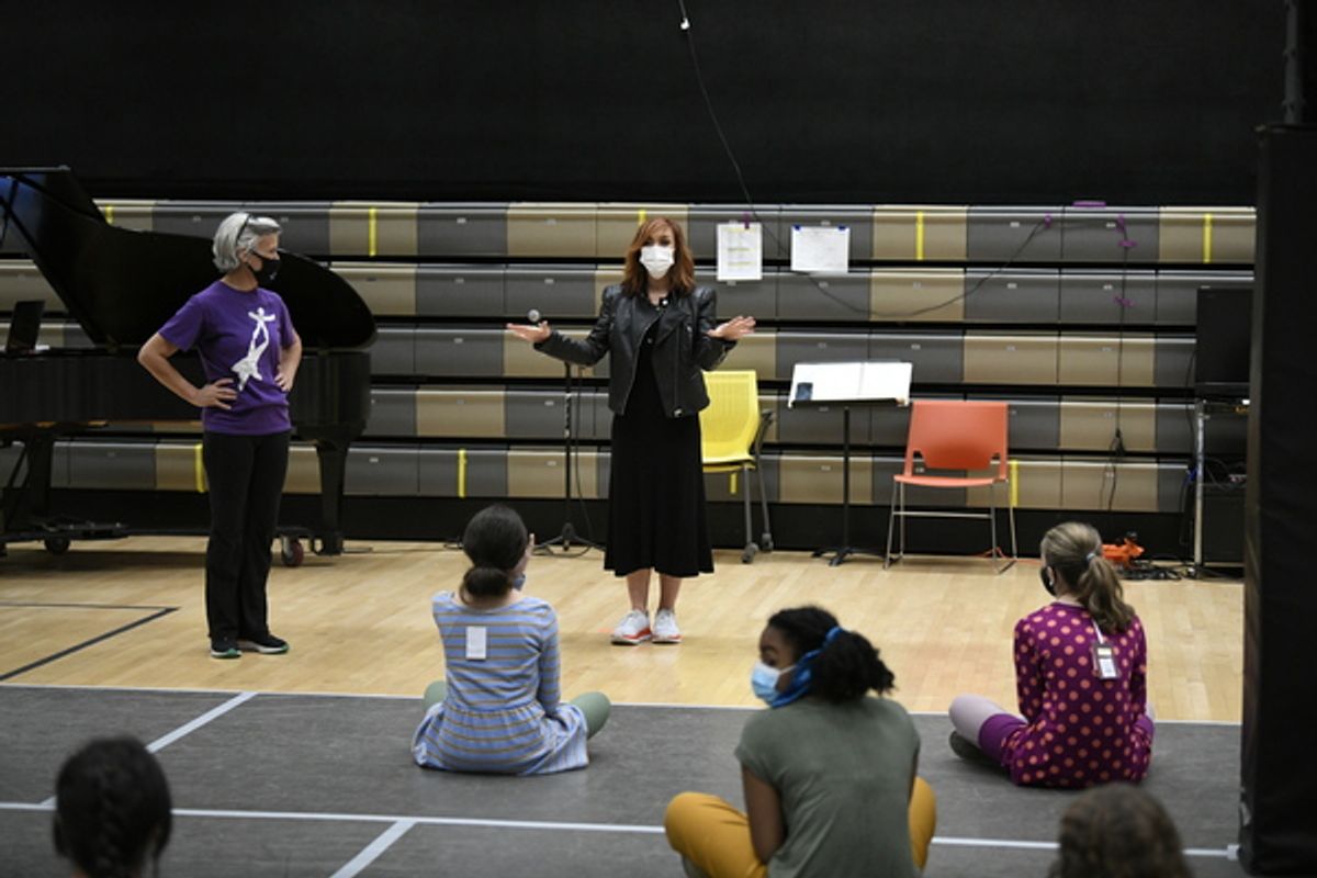 ANNIE LIVE! -- 'Dance Rehearsal' -- Pictured: (l-r) Andrea McArdle visits with 'young Annies' at the National Dance Institute at the Center for Learning & the Arts in New York City on Saturday November 13, 2021 -- (Photo by: Bryan Bedder/NBC) at 