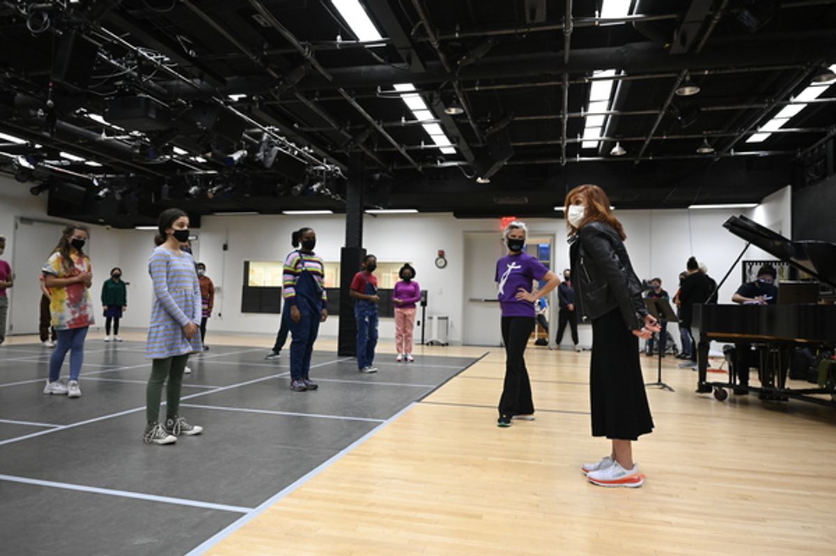 ANNIE LIVE! -- 'Dance Rehearsal' -- Pictured: (l-r) Andrea McArdle visits with 'young Annies' at the National Dance Institute at the Center for Learning & the Arts in New York City on Saturday November 13, 2021 -- (Photo by: Bryan Bedder/NBC) at 