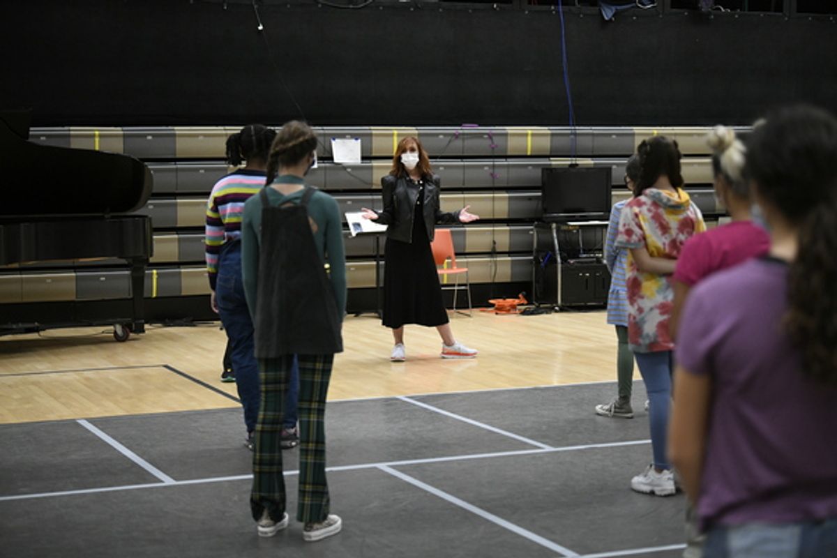 ANNIE LIVE! -- 'Dance Rehearsal' -- Pictured: (l-r) Andrea McArdle visits with 'young Annies' at the National Dance Institute at the Center for Learning & the Arts in New York City on Saturday November 13, 2021 -- (Photo by: Bryan Bedder/NBC) at 