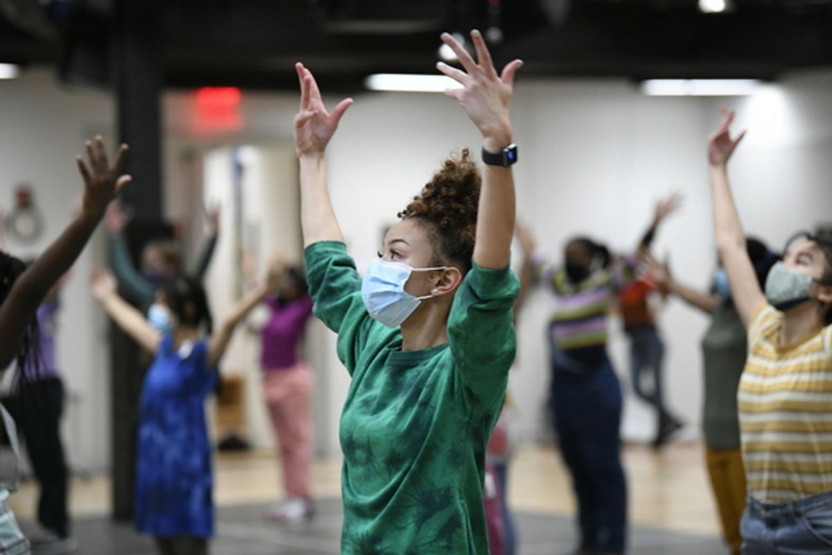 ANNIE LIVE! -- 'Dance Rehearsal' -- Pictured: (l-r) Andrea McArdle visits with 'young Annies' at the National Dance Institute at the Center for Learning & the Arts in New York City on Saturday November 13, 2021 -- (Photo by: Bryan Bedder/NBC) at 