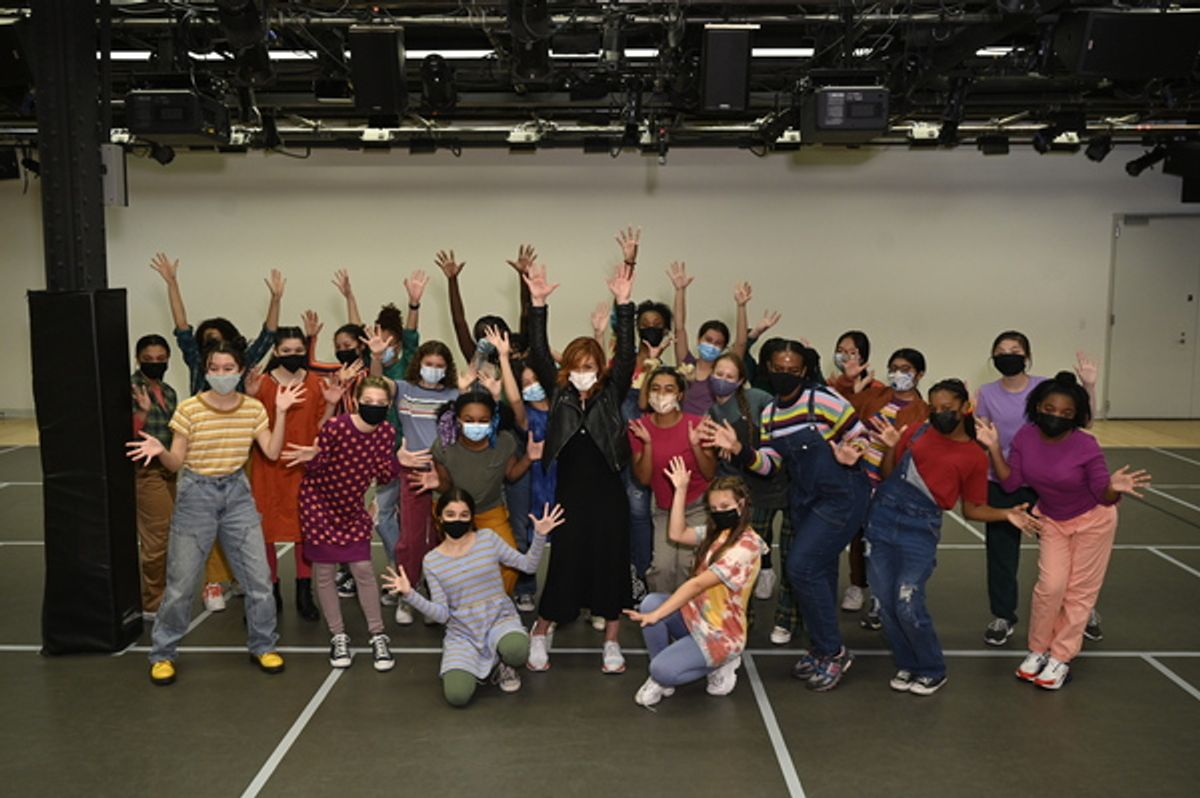 ANNIE LIVE! -- 'Dance Rehearsal' -- Pictured: (l-r) Andrea McArdle visits with 'young Annies' at the National Dance Institute at the Center for Learning & the Arts in New York City on Saturday November 13, 2021 -- (Photo by: Bryan Bedder/NBC) at 
