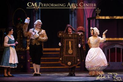 Belle (Lainee Jentz), Lumiere (Ryan Nolin), Cogsworth (Brian Frank), Mrs. Potts (Jann Photo
