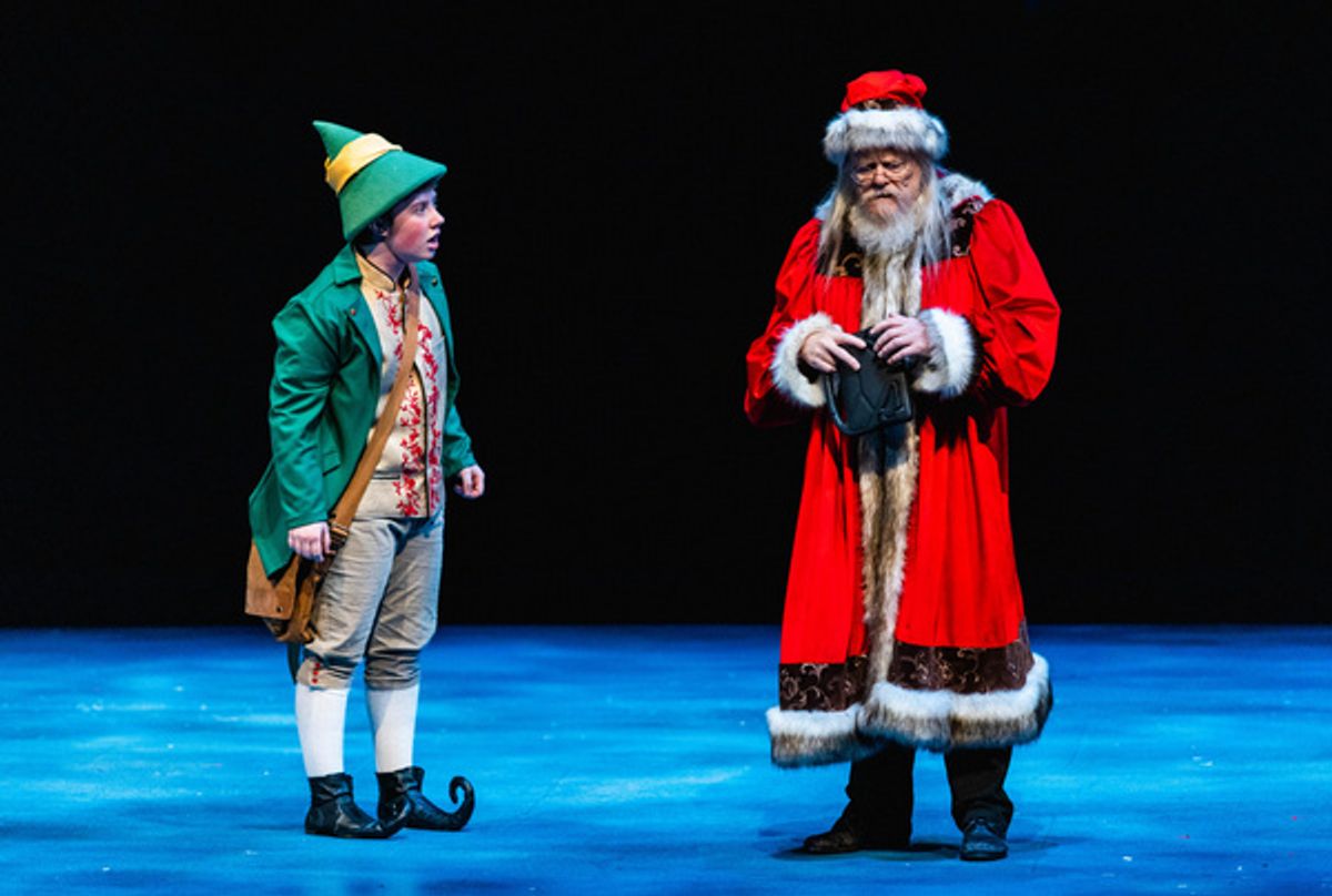 Bruce Rowan as Santa and Sayer Keeley as Buddy in Stages Theatre Company''s Elf the Musical, Jr. (Nov 19-Dec 27, 2021). Photo by Fischeye Films.  at 