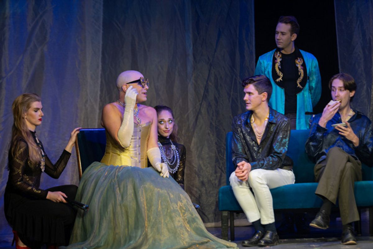 In this photo from left to right:  Chandler Corley-Essex (Dancer 1), Kevin Hughes-Noboa (Lady Bracknell), Emma Green (Dancer 2), Ryan Knight (Algy), Jackson Cline (Lane) and Diego Blanc Zoco (Gwyn).   at 