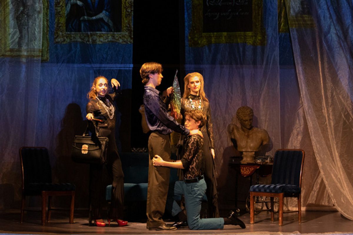 The interrupted proposal of Jack and Gwyn.  Emma Green (Dancer 2), Diego Blanc Zoco (Gwyn), Stephen Solomon (Jack) and Chandler Corley-Essex (Dancer 1).    Photo by Adam Smith Jr. at 