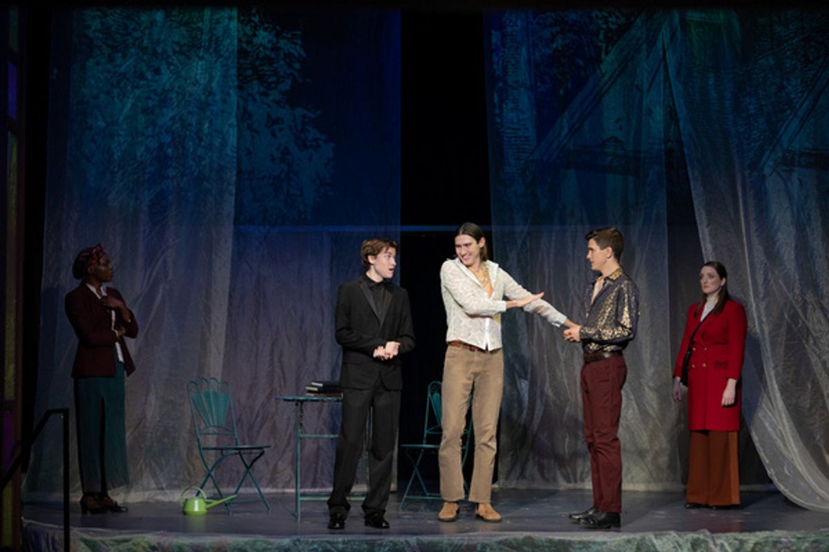 Lauren E King (Miss Prism), Stephen Solomon (Jack), Michael Morley (Cecil), Ryan Knight (Algy) and Carmen Nikae (Chasuble).    Photo by Adam Smith Jr. at 