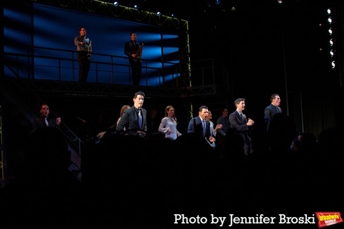 The cast of JERSEY BOYS at Photos: JERSEY BOYS Celebrates 4th Anniversary Off-Broadway