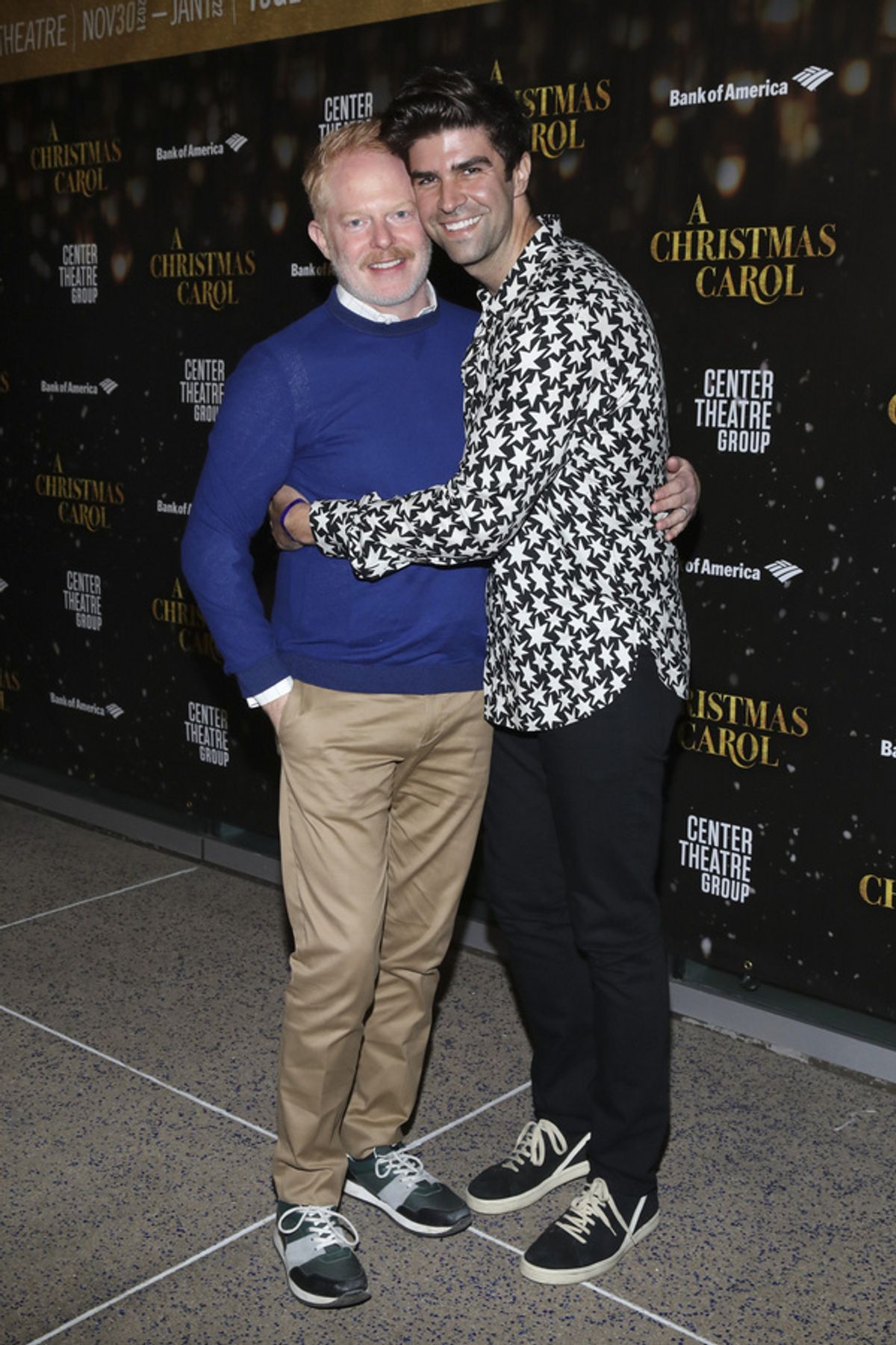 From left, Jesse Tyler Ferguson and Justin Mikita arrive for the opening night performance of ?A Christmas Carol? at Center Theatre Group/Ahmanson Theatre on Dec. 1, 2021, in Los Angeles, California.  at 