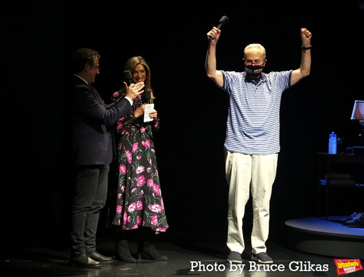 Producer Stacey Mindich and Director Michael Greif and U.S. Senator Chuck Schumer of New York at 