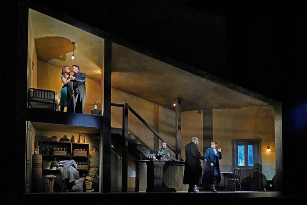 Varduhi Abrahamyan as Maddalena, Piotr Beczała as the Duke of Mantua, Andrea Mastroni as Sparafucile, Quinn Kelsey as Rigoletto, and Rosa Feola as Gilda in Verdi's 'Rigoletto.' Photo: Ken Howard / Met Opera
 at 