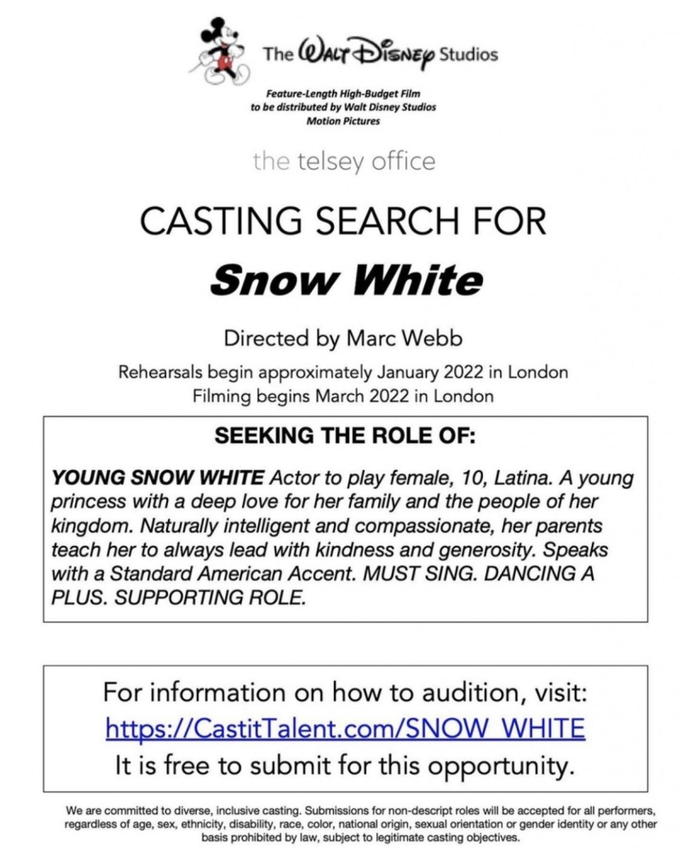 Telsey Casting Office Looking to Cast Young Snow White for Disney Feature Film  Image