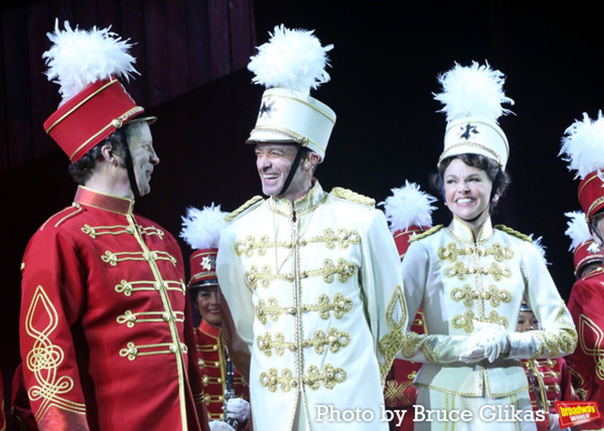 Shuler Hensley as 'Marcellus Washburn', Hugh Jackman as 'Harold Hill' and Sutton Foster as 'Marian Paroo'  at 