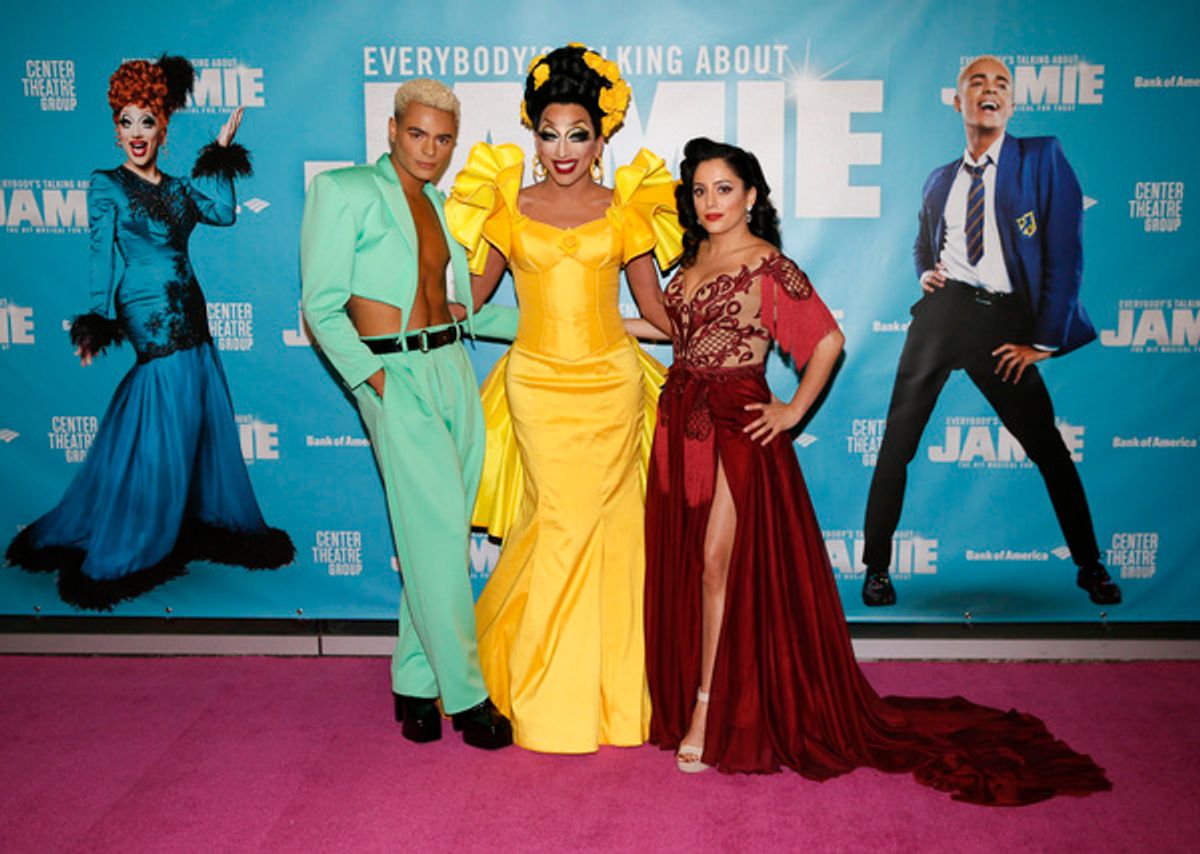 From left, cast members Layton Williams, Bianca Del Rio and Hiba Elchikhe arrive before the North American premiere of the West End hit musical “Everybody’s Talking About Jamie” at Center Theatre Group/Ahmanson Theatre on January 21, 2022, in Los Angeles, California.  (Photo by Ryan Miller/Capture Imaging) at 