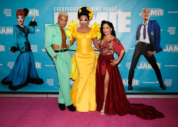 From left, cast members Layton Williams, Bianca Del Rio and Hiba Elchikhe arrive befo Photo