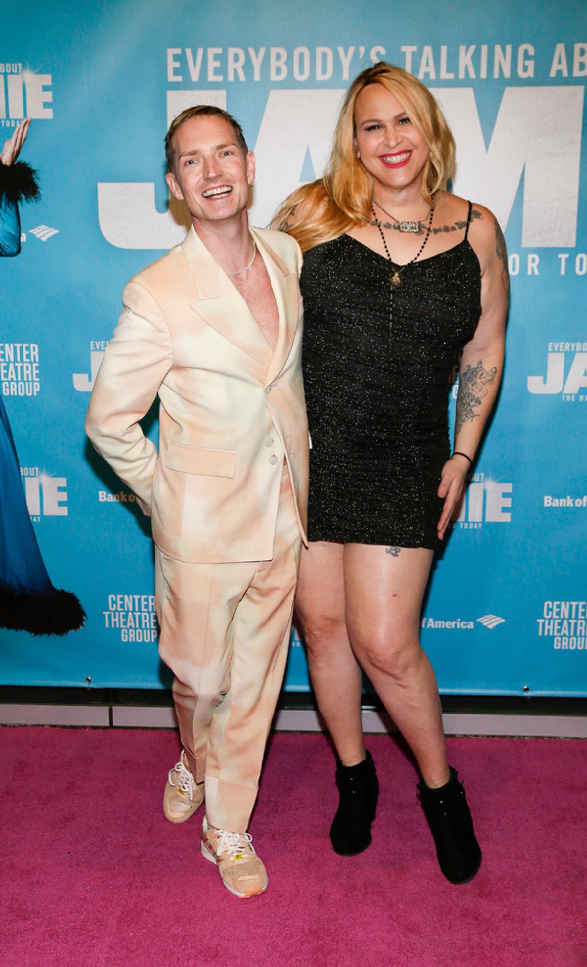 From left, composer Dan Gillespie Sells and actor Shakina Nayfack arrive before the North American premiere of the West End hit musical “Everybody’s Talking About Jamie” at Center Theatre Group/Ahmanson Theatre on January 21, 2022, in Los Angeles, California.  (Photo by Ryan Miller/Capture Imaging) at 
