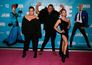 From left, cast members David O’Reilly, Leon Craig and James Gillan arrive before t Photo