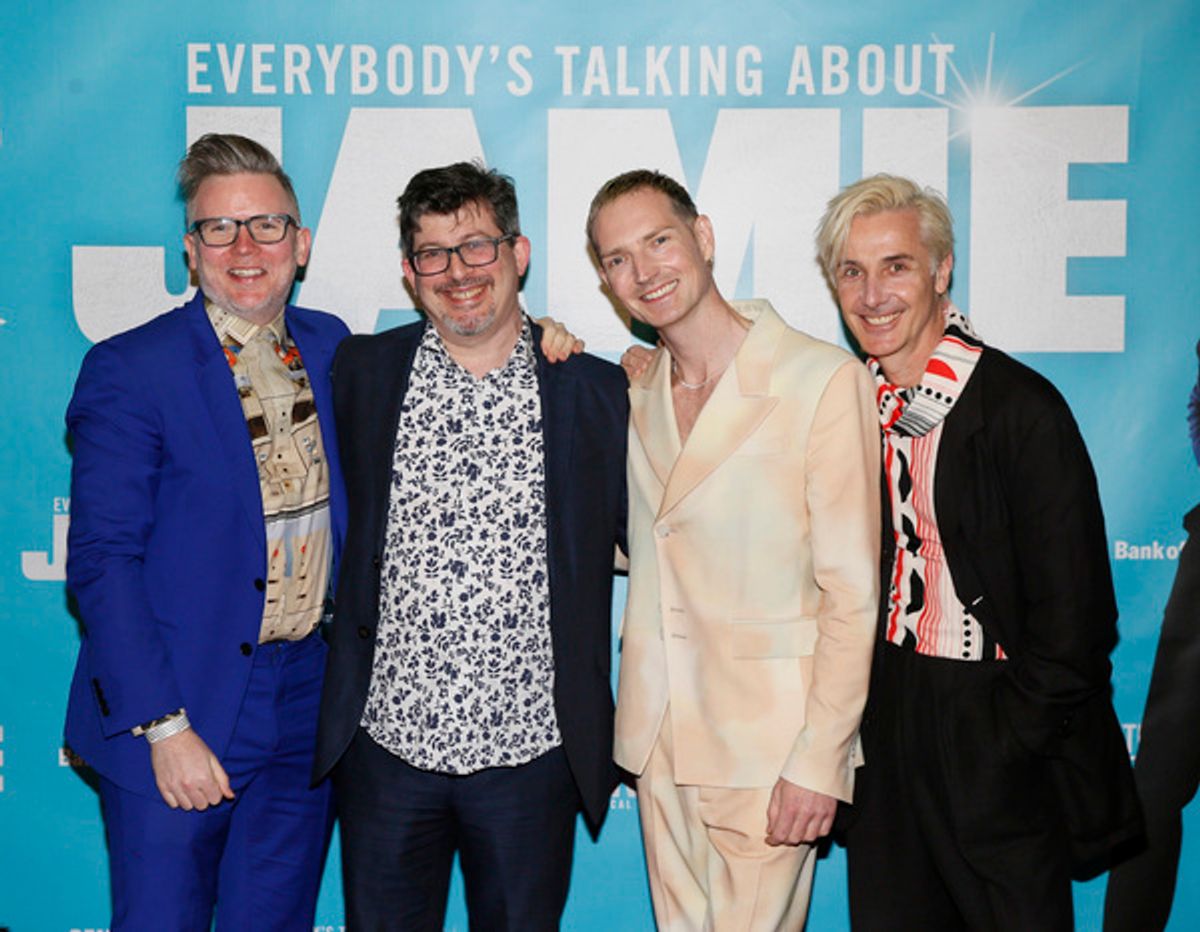 From left, Book writer/lyricist Tom MacRae, general manager Laurence Miller, director/co-writer Jonathan Butterell and composer Dan Gillespie Sells arrive before the North American premiere of the West End hit musical “Everybody’s Talking About Jamie” at Center Theatre Group/Ahmanson Theatre on January 21, 2022, in Los Angeles, California.  (Photo by Ryan Miller/Capture Imaging) at 