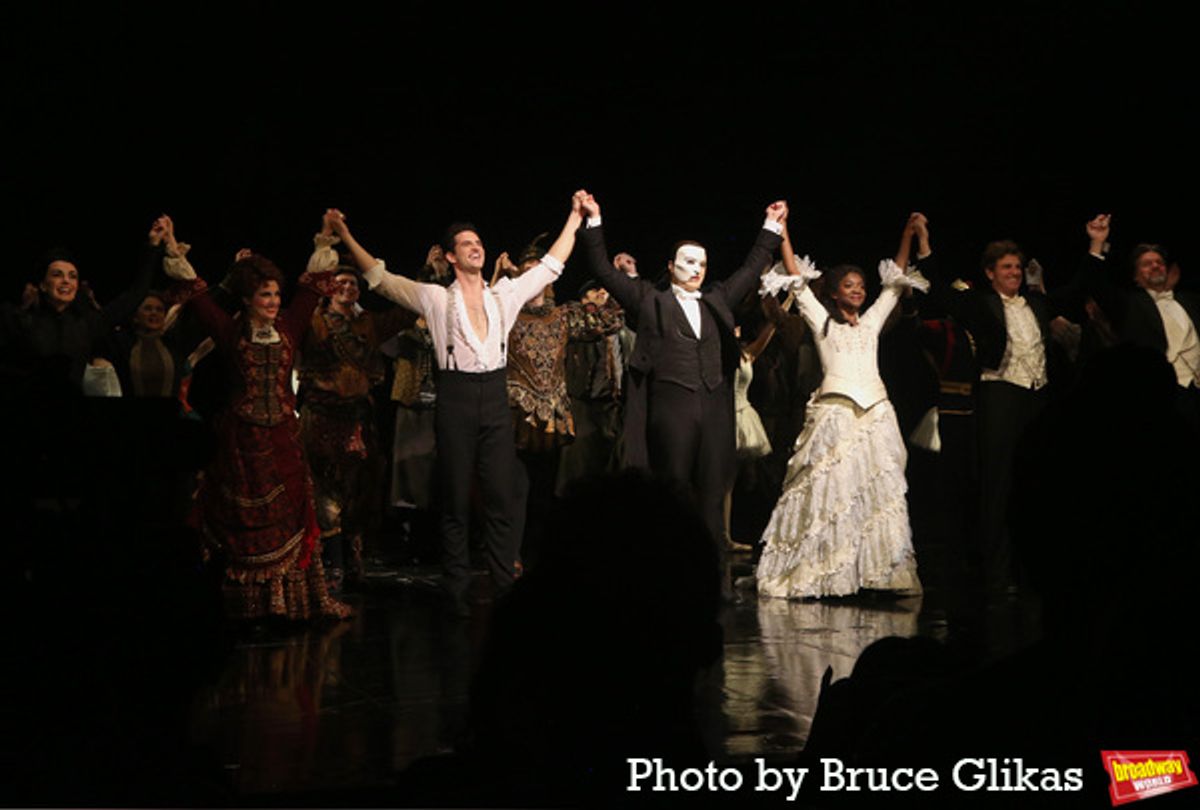 John Riddle as 'Raoul', Ben Crawford as 'The Phantom', Emilie Kouatchou as 'Christine Daae' and Company at 