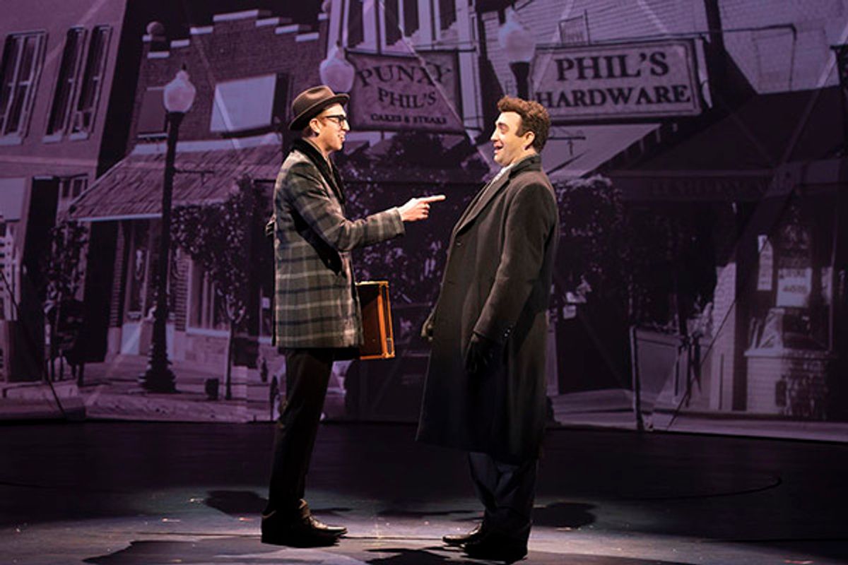 Kyle Adams (left) plays insurance salesman Ned Ryerson and Alex Syiek is TV weatherman Phil Connors at 