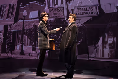 Kyle Adams (left) plays insurance salesman Ned Ryerson and Alex Syiek is TV weatherma Photo