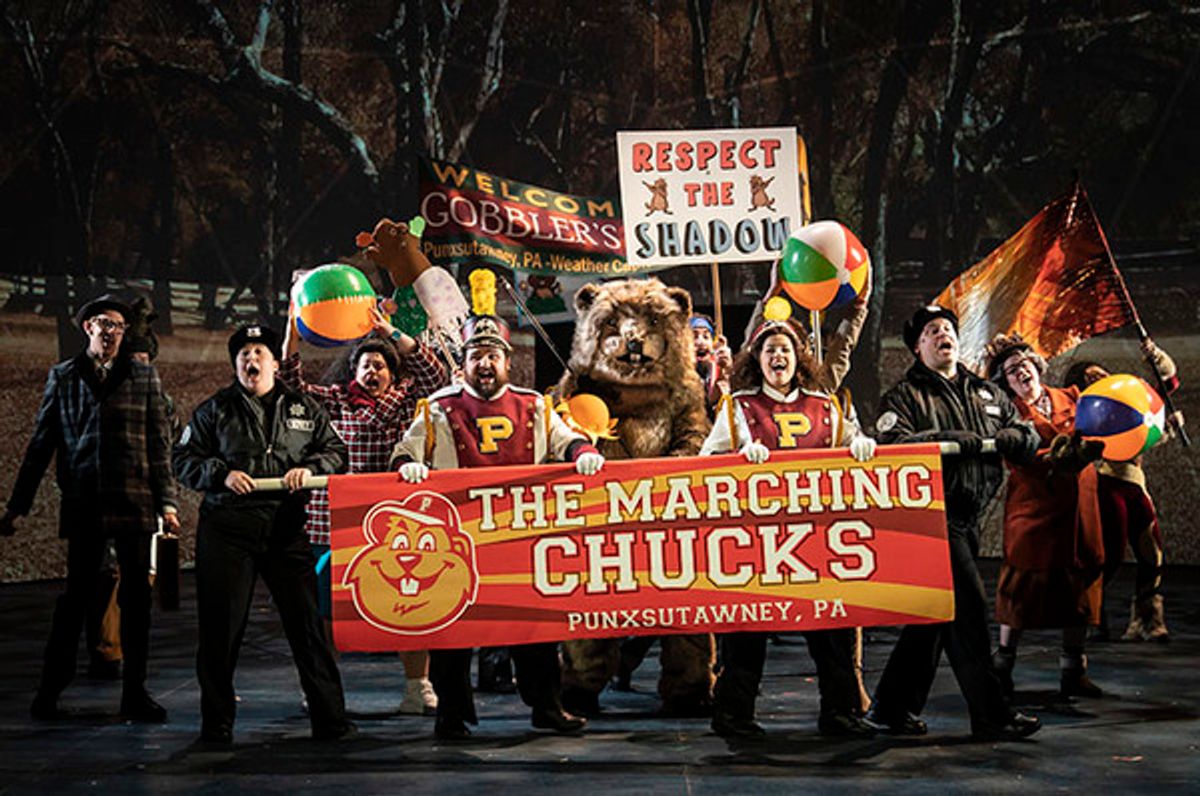 Alex Syiek (center) and the cast of Groundhog Day: The Musical  at 