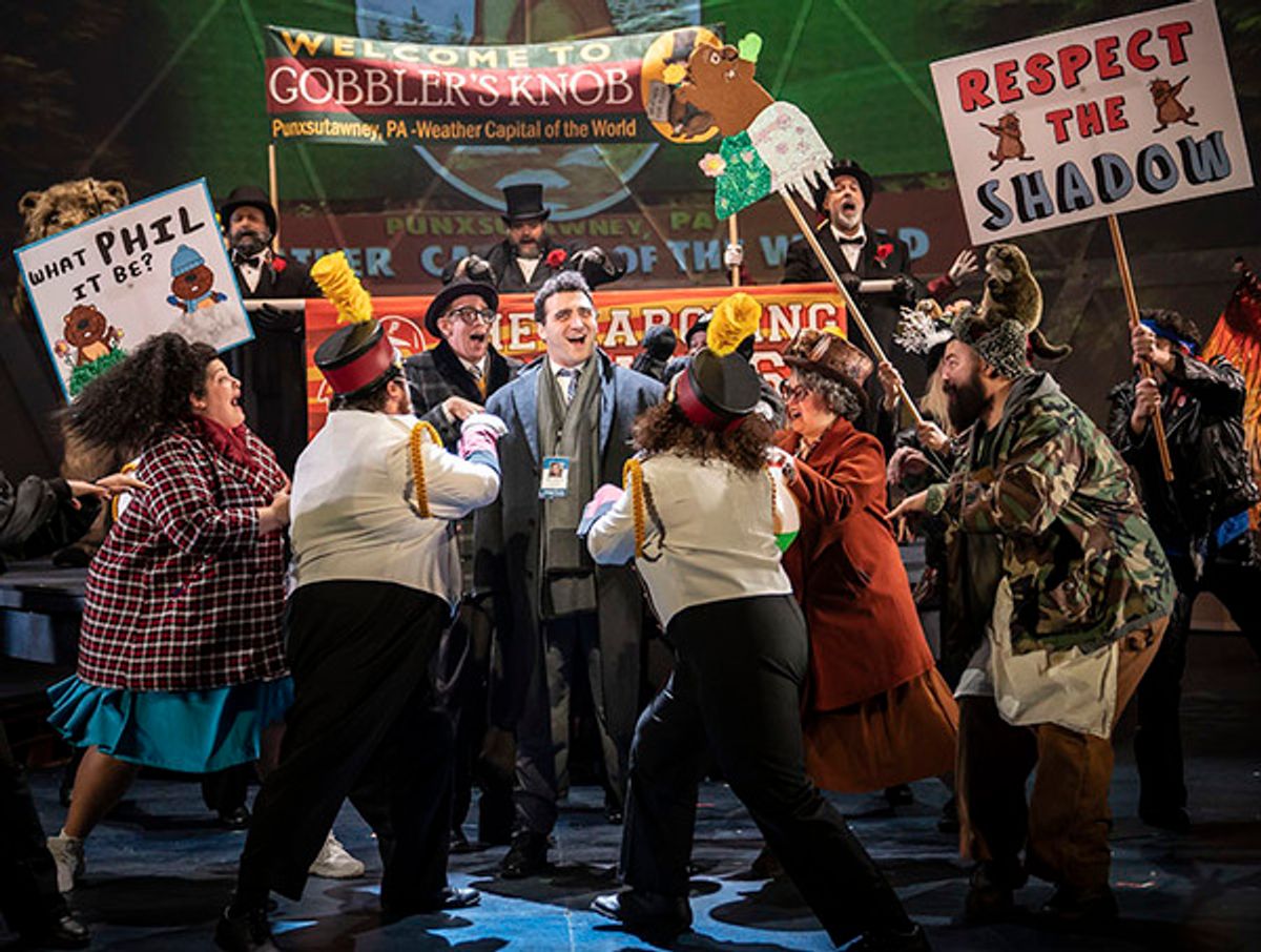 Alex Syiek (center) and the cast of Groundhog Day: The Musical  at 