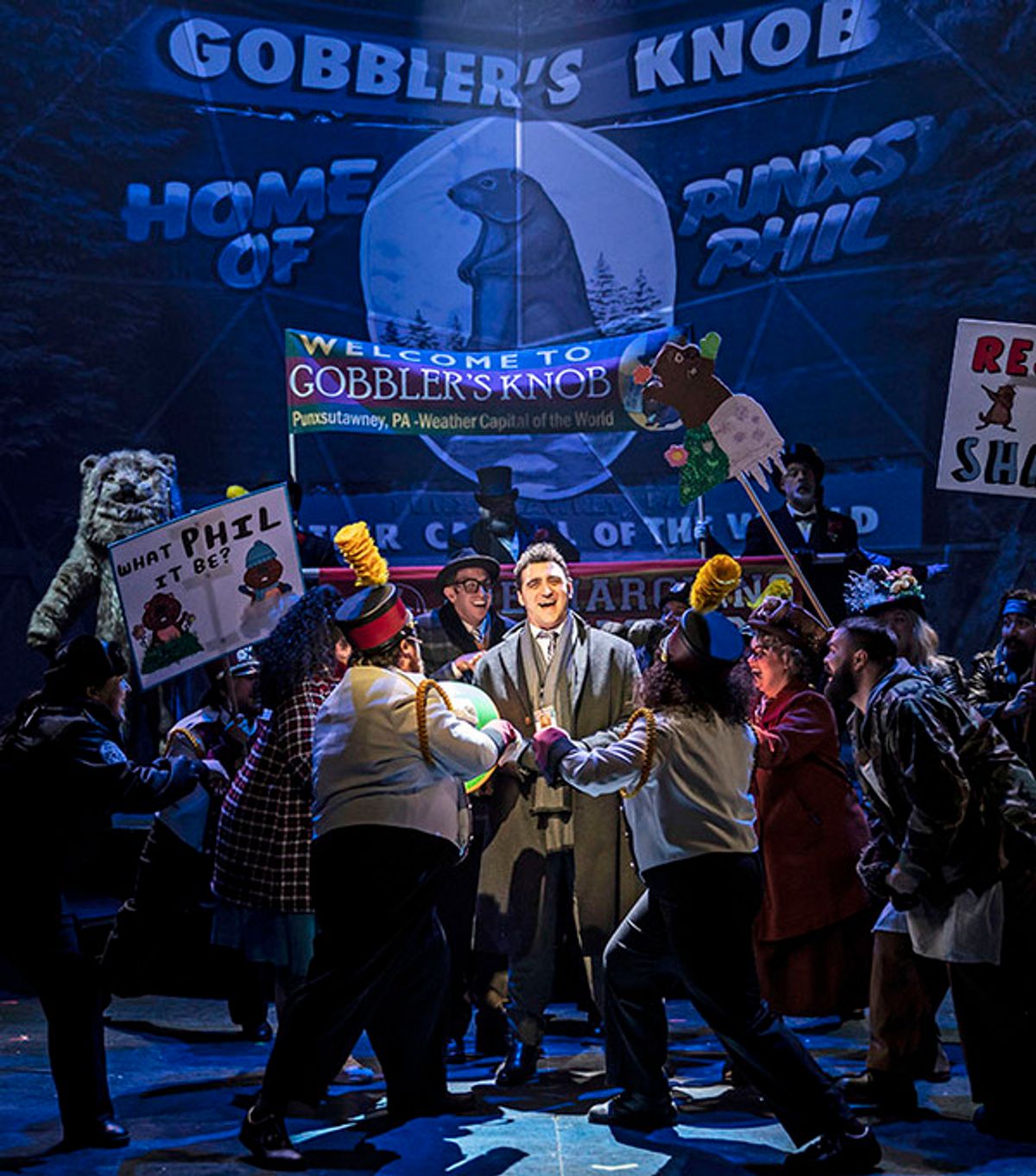 Alex Syiek (center) and the cast of Groundhog Day: The Musical  at 